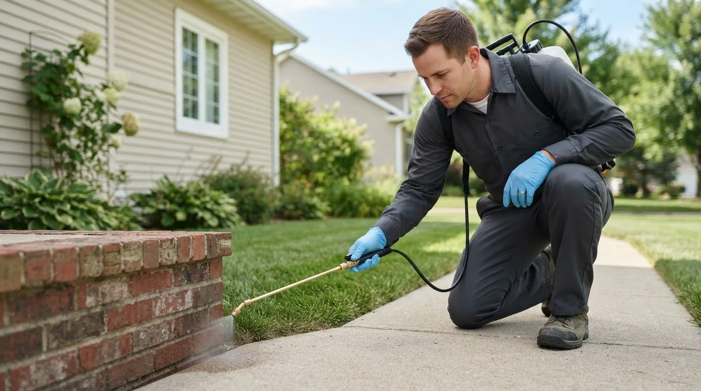 Pest control technician treating a home near Northfield Falls, VT